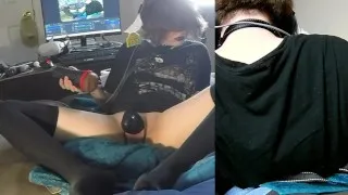 goth femboy pet in a fish tank to admire