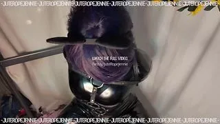 Latex femboy struggling in TIGHT leather armbinder and straps