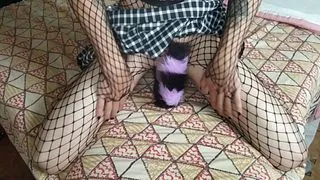 Goth Femboy in Fishnets Milking Their Big Cock