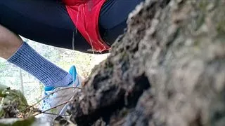 Transgender in Spandex Swimsuit pisses while running