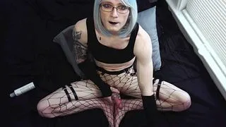 can you last longer than me? blue hair goth femboy 29min edging challenge - quivering load on feet in fishnets