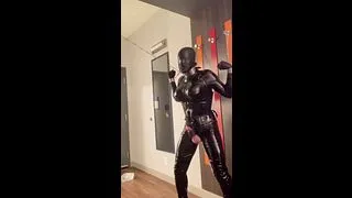 Latex femboy slave chained to wall alone masturbates with exo handsfree