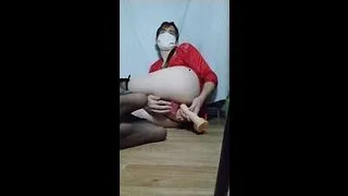 Cute femboy in red nightgown plays with his ass