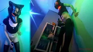 Cyberdog - Furry femboy rides suction cupped dildo with massage gun