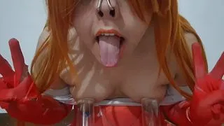 Trans Asuka with BDSM Nose Hook Extreme Tits Vacuum Pump Lactation and Nipple Squeezing with Heels