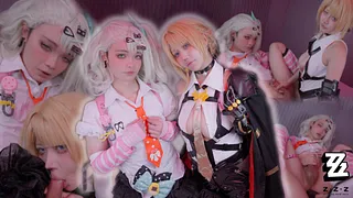 【 Zenless Zone Zero】Sunna & Evelyn cosplay!! Cute big boobs girl pegging and boobjobbing femboy until cumshot