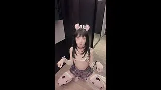 Cute big dick femboy Pinkmoon crawling on a leash wearing a cow outfit and collar